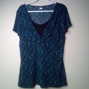 Perseption Blouse Shirt Women 1X Short Sleeve Soft Stretch Pattern Green Blue